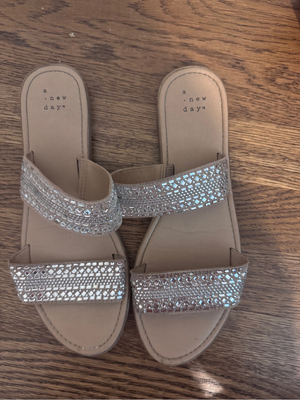 a new day Beige Crystal-Embellished Double Strap Slide Sandals